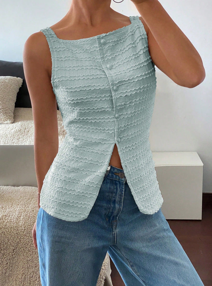 Women's sleeveless structured top with decorative button placket and front slit Mune Fashion