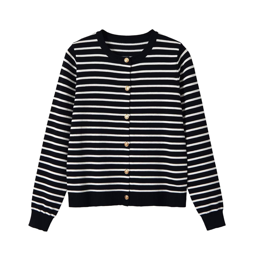 Ladies Striped Fine Knit Cardigan with Round Neck and Decorative Buttons Mune Fashion