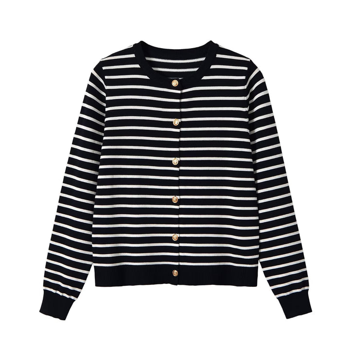 Ladies Striped Fine Knit Cardigan with Round Neck and Decorative Buttons Mune Fashion