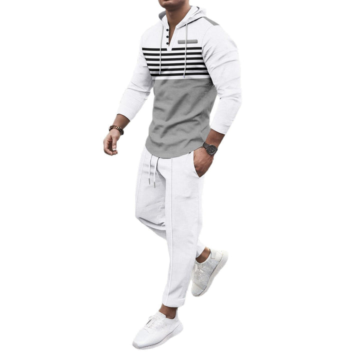 Men's Henley Hoodie Lounge Set with Striped Yoke, Half Placket, and Tapered Jogging Pants Mune Fashion