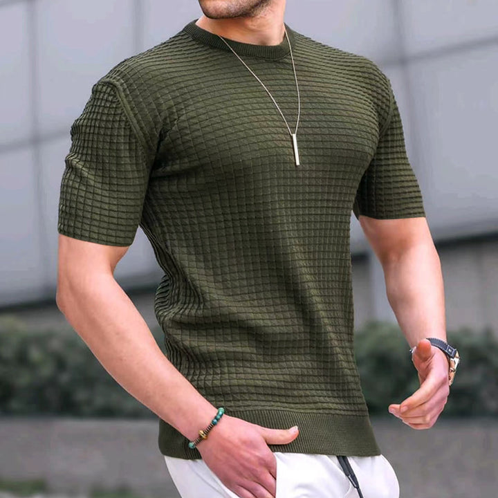 Men's waffle structure short sleeve knit shirt with slim fit and elastic rib hem Mune Fashion