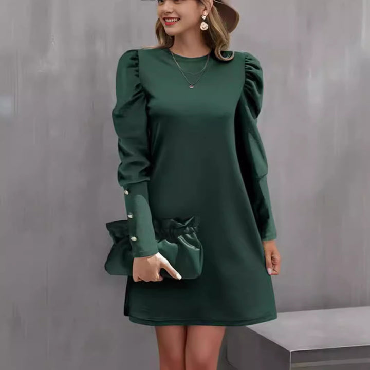 Ladies elegant A-line mini dress with gathered puff sleeves and decorative cufflinks Mune Fashion