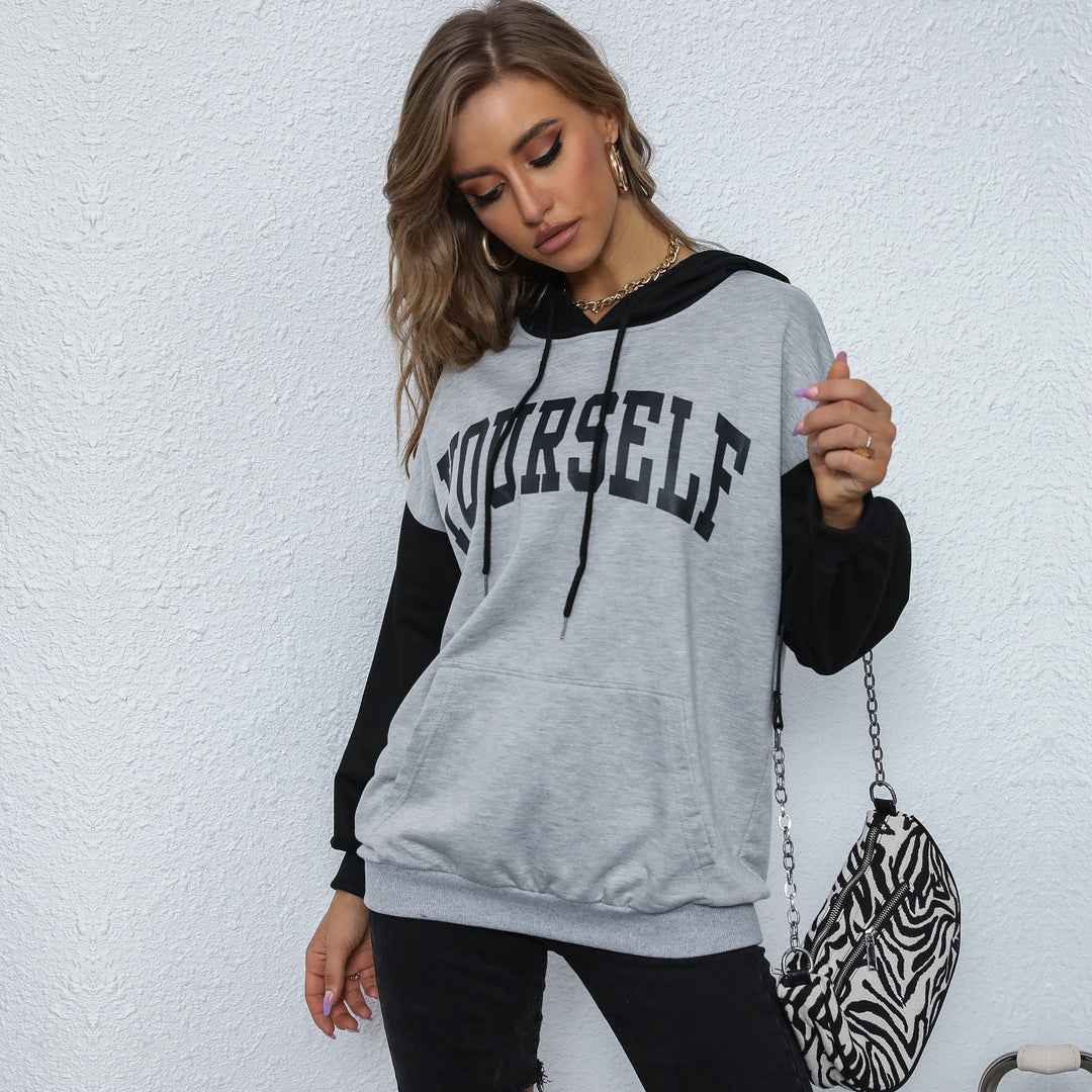 Women's Oversized Hoodie with College Print, Kangaroo Pocket and Contrast Sleeves Mune Fashion