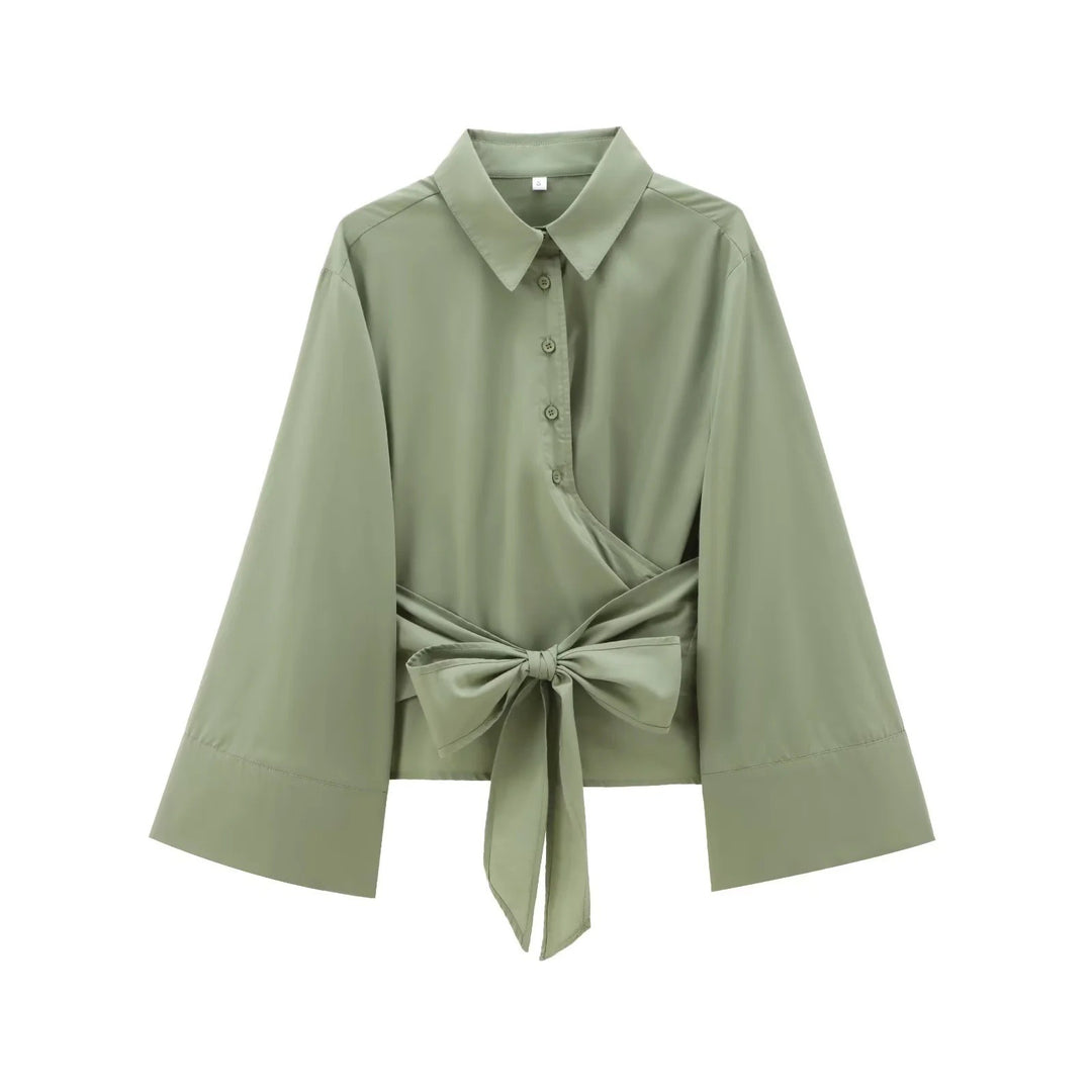 Women 200+ elegant wrap blouse with wide kimono sleeves and waist tie Mune Fashion