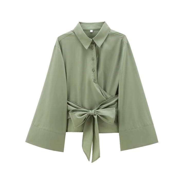 Women 200+ elegant wrap blouse with wide kimono sleeves and waist tie Mune Fashion