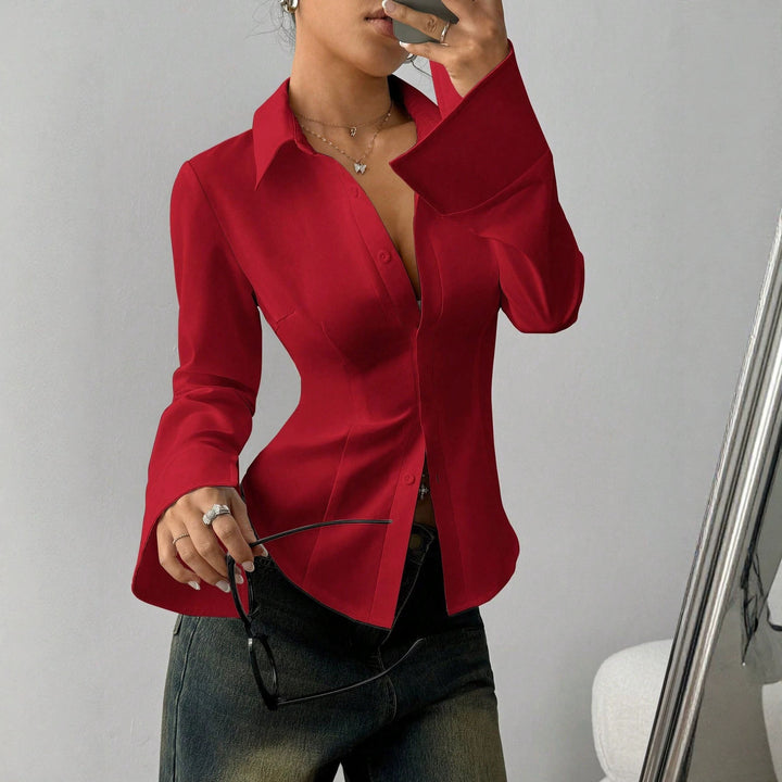 Women's Tailored Satin Blouse with Shaping Seams and Wide Cuffs Mune Fashion
