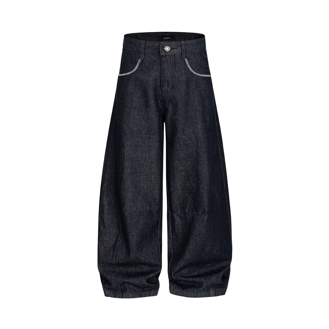 Women's wide denim culotte-style trousers with a high waist and elastic hem.