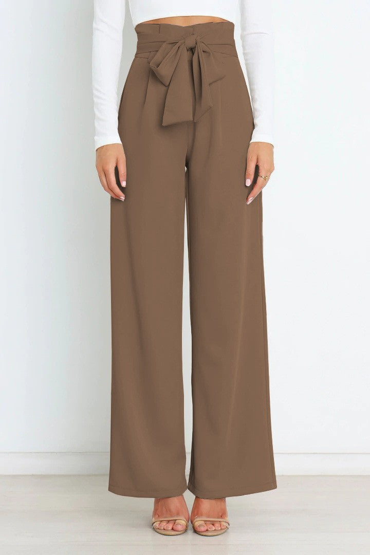 Women's Wide High-Waist Paperbag Pants with Pleats and Tie Belt Drune