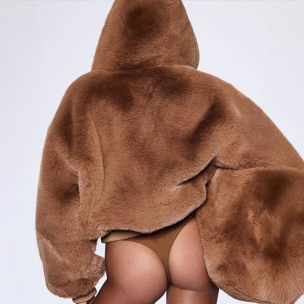 Women's Short Teddy Faux Fur Bomber Jacket with Hood, Wide Ribbed Hem and Two-Way Zipper Mune Fashion