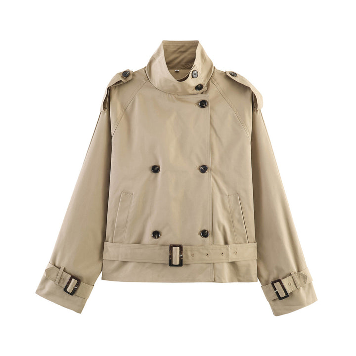 Women 20+ short double-breasted trench jacket in boxy cut with stand-up collar shoulder epaulets and adjustable waist belt Drune