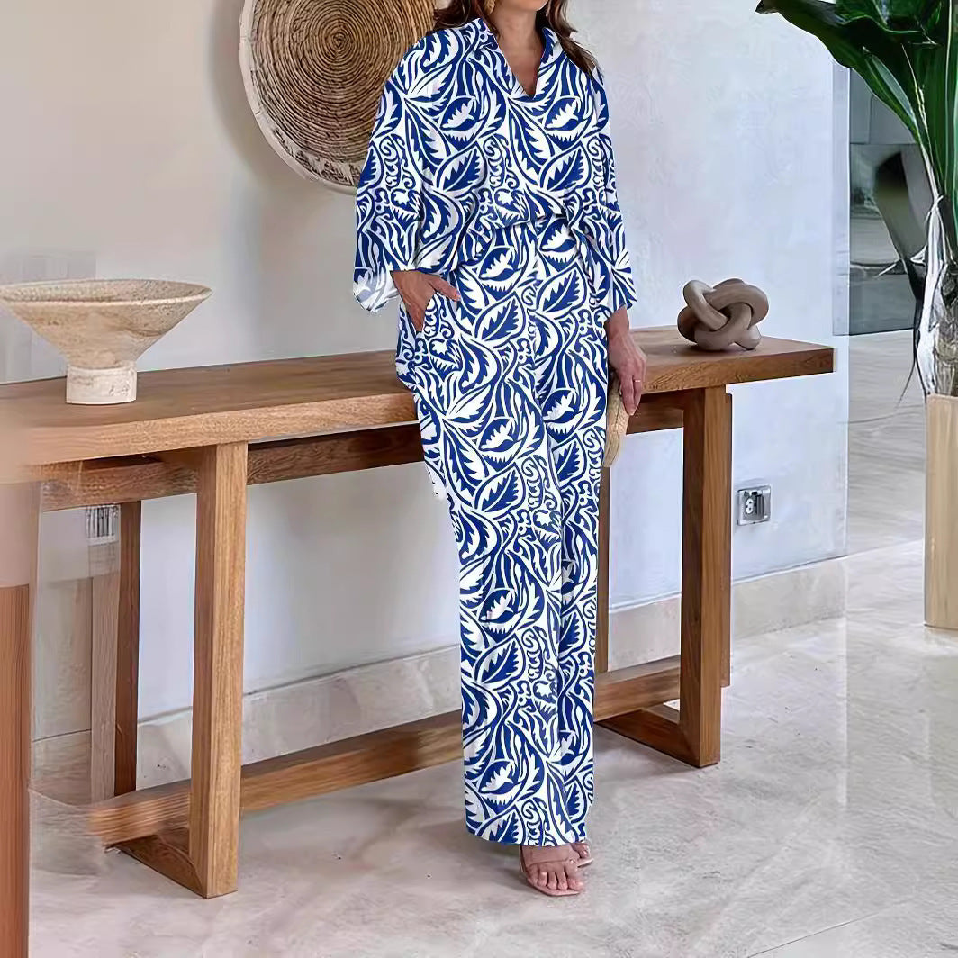 Women's Patterned Kimono Lounge Set with Wide Palazzo Pants made of Lightweight Viscose Mix Mune Fashion