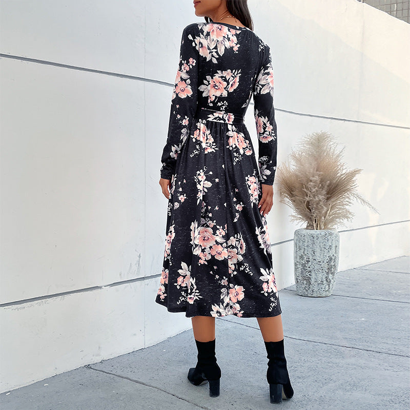 Women's Wrap Midi Dress with Fitted Tie Belt, Flared Skirt and V-Neck Mune Fashion