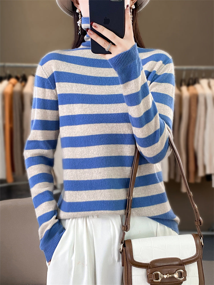 Women's Casual Striped Turtleneck Sweater made of Wool Blend with Relaxed Fit Mune Fashion
