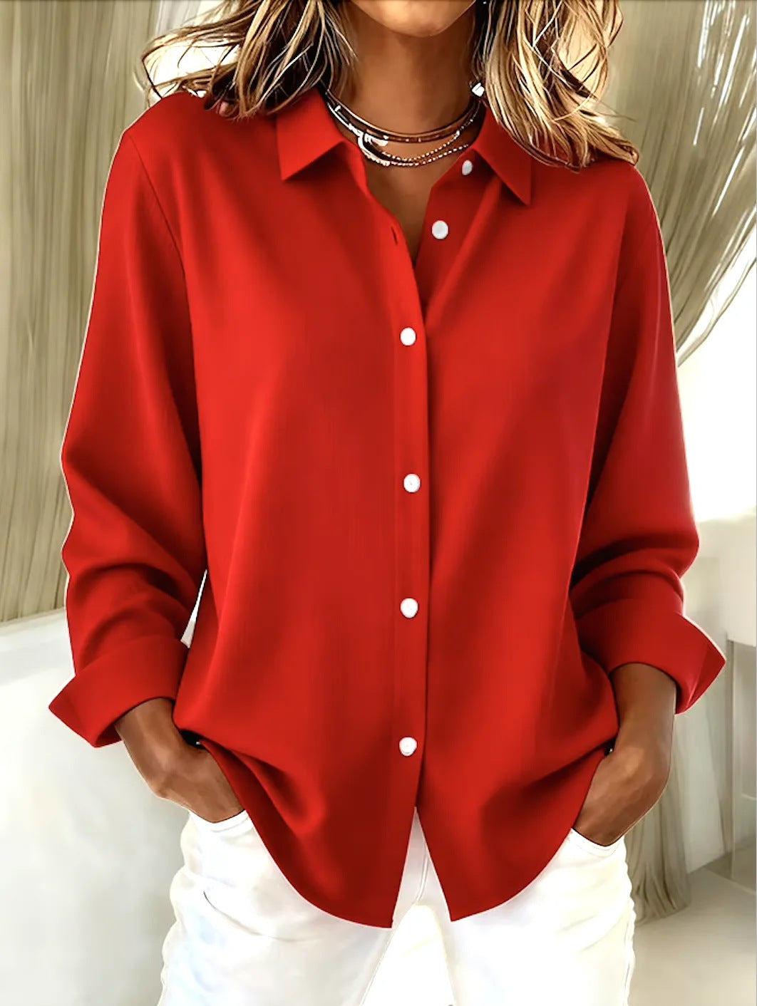 Ladies oversized blouse with classic collar and concealed button placket Drune