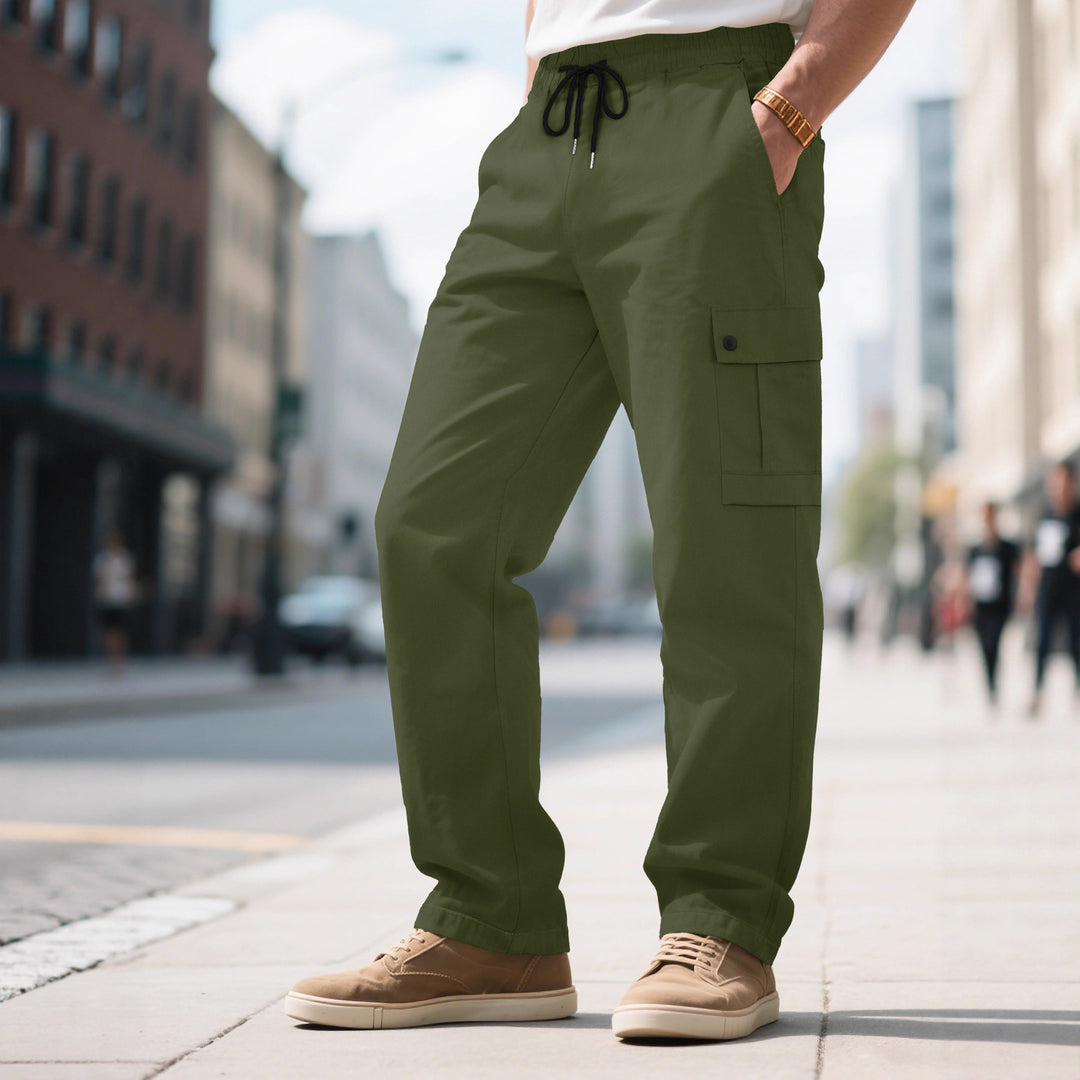 Men's urban utilitarian cargo pants with elastic comfort waistband, drawstring, and secure flap pockets Mune Fashion