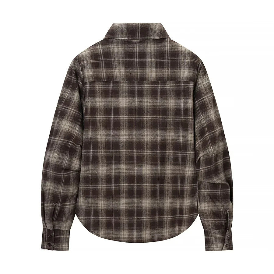 Women's overlapping check blouse with V-front, crossover hem and cuffs Mune Fashion