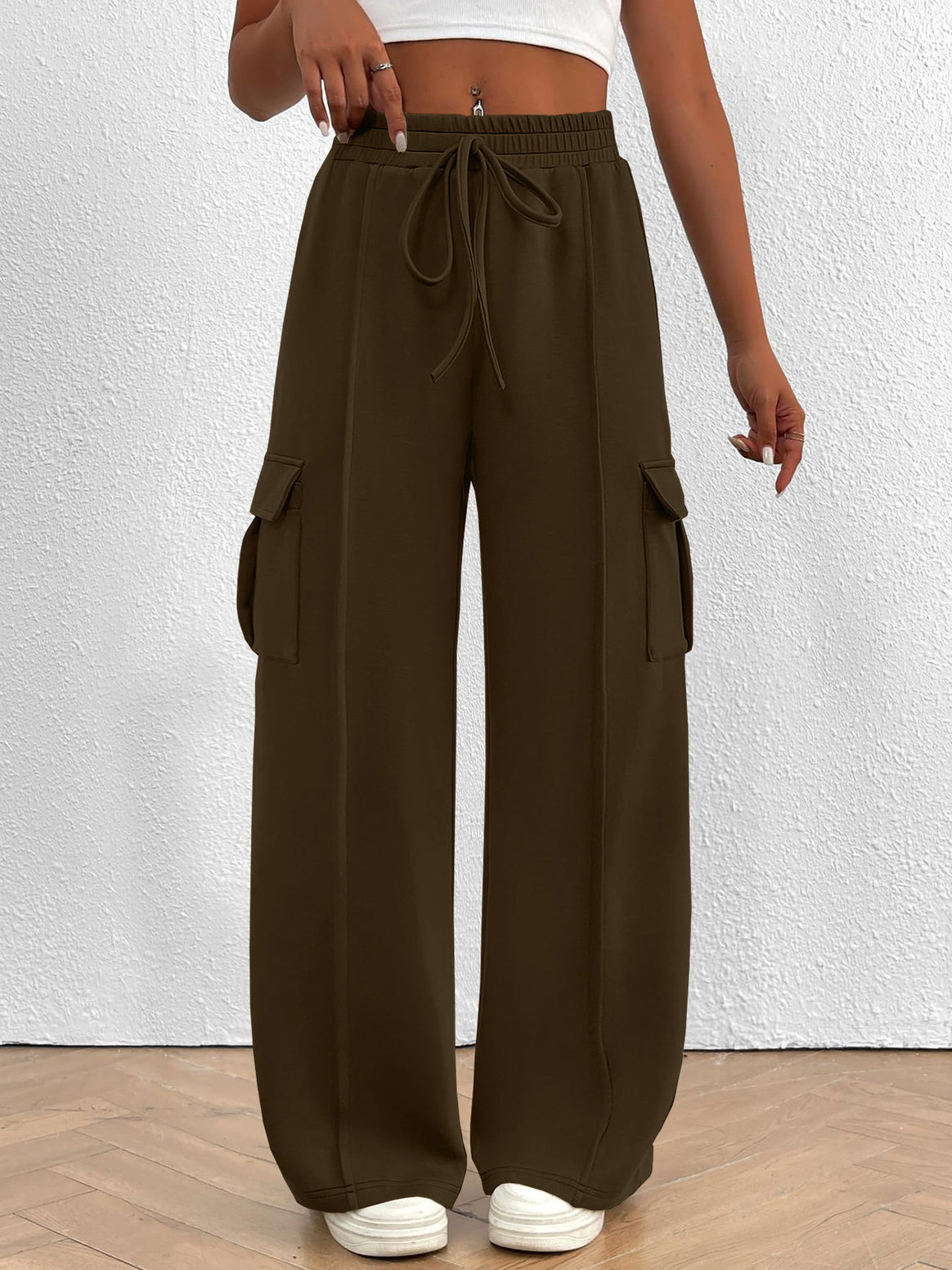 Women Wide Cargo Lounge Pants with Drawstring Waist and Flap Pockets Mune Fashion