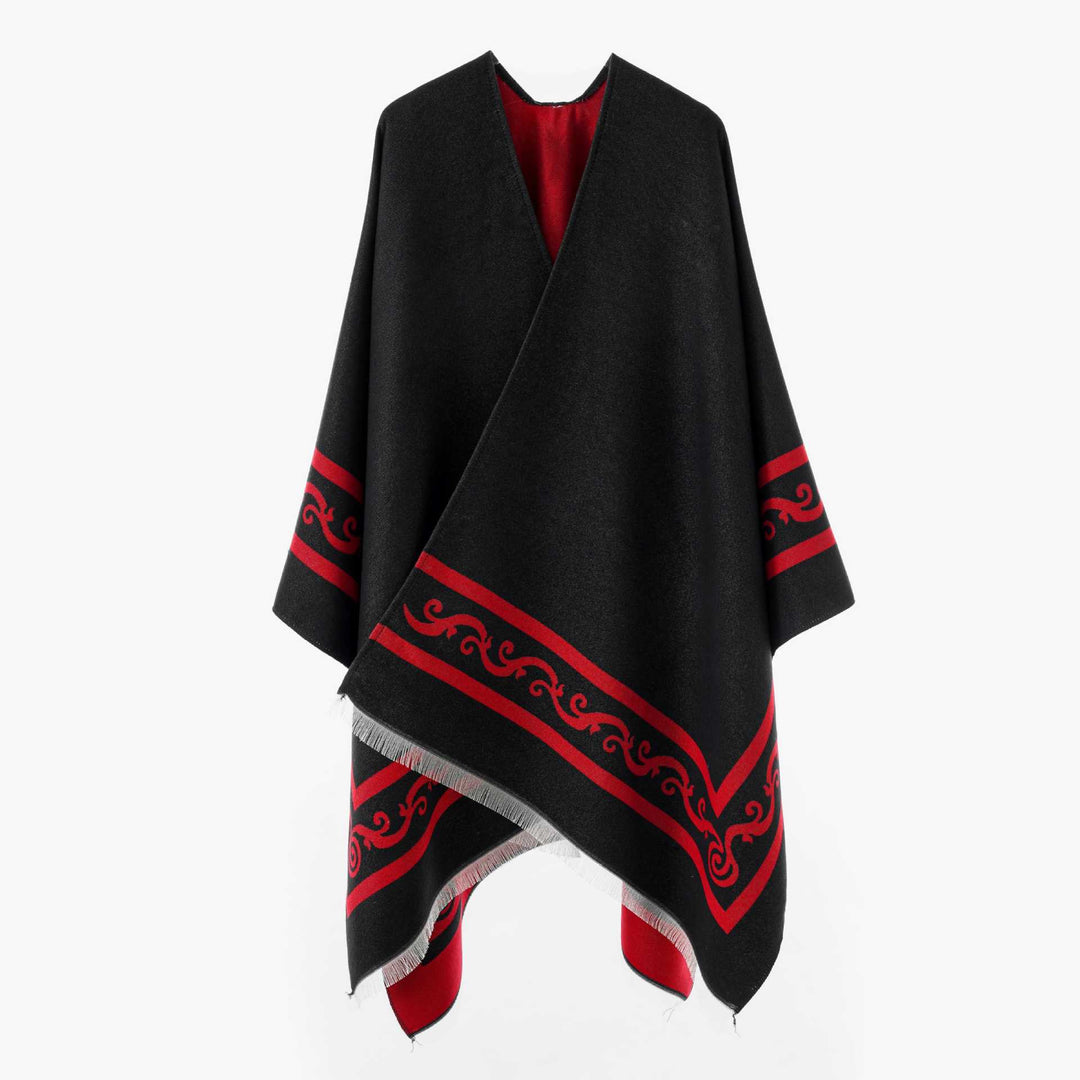 Women's Oversize Cape with Geometric Jacquard and Fringe Hem Mune Fashion
