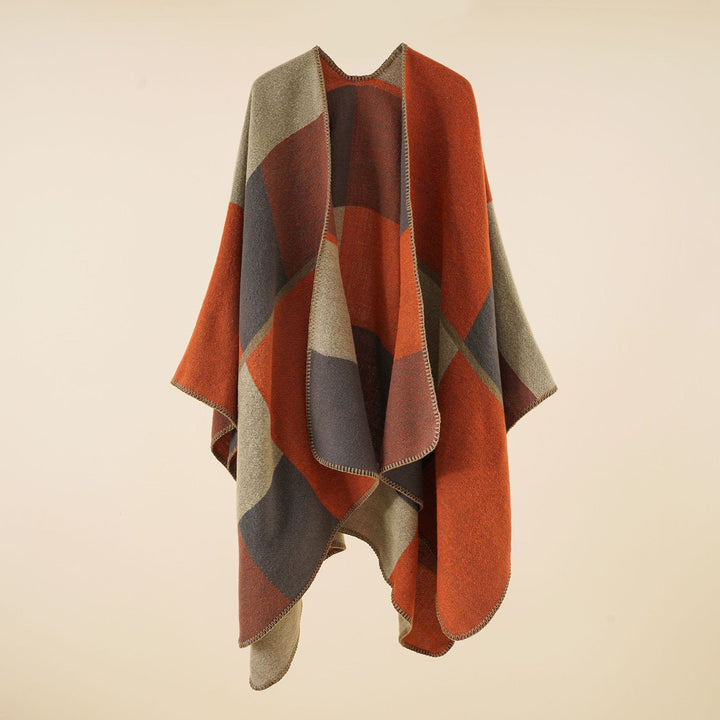 Women's Triangular Knit Poncho with Geometric Jacquard Pattern and Decorative Stitch Mune Fashion