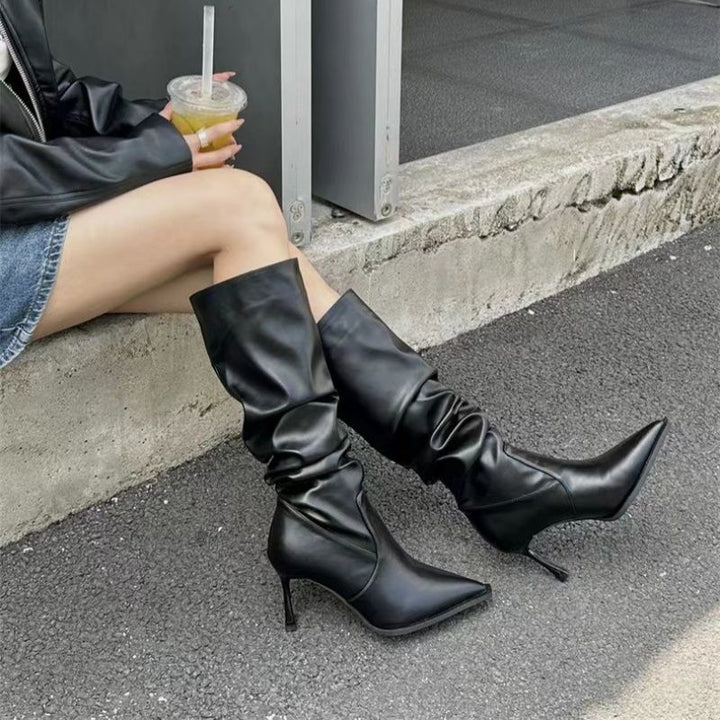 Women Slouchy knee-high boots with pointed toe shape and sculptural stiletto heel Mune Fashion