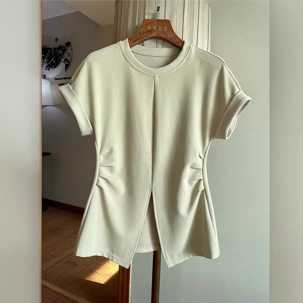 Women Short-Sleeved Structured Jersey Shirt with Waist Gatherings and Front Slit Mune Fashion