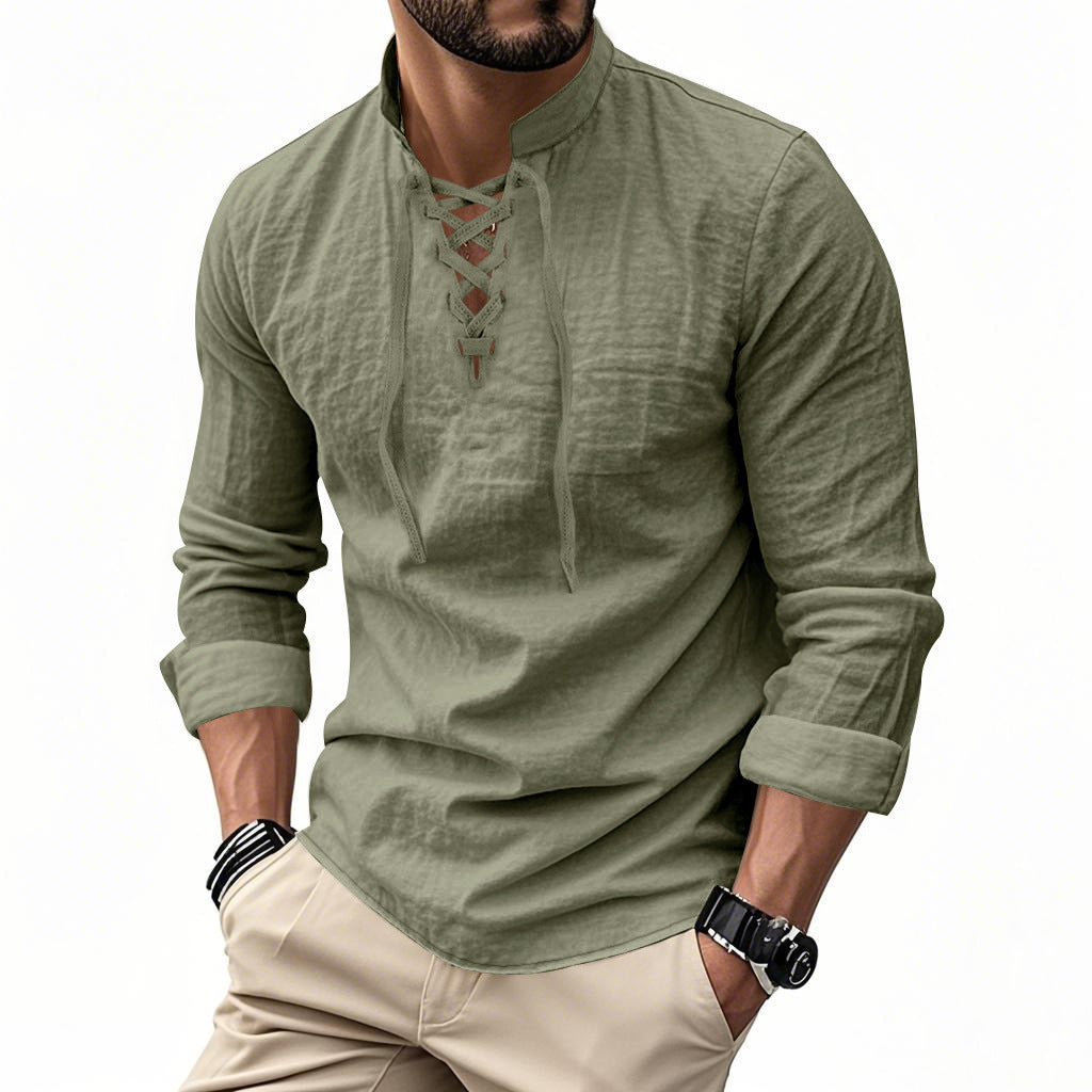 Men's casual sailor-style shirt with stand collar and lace-up front Mune Fashion