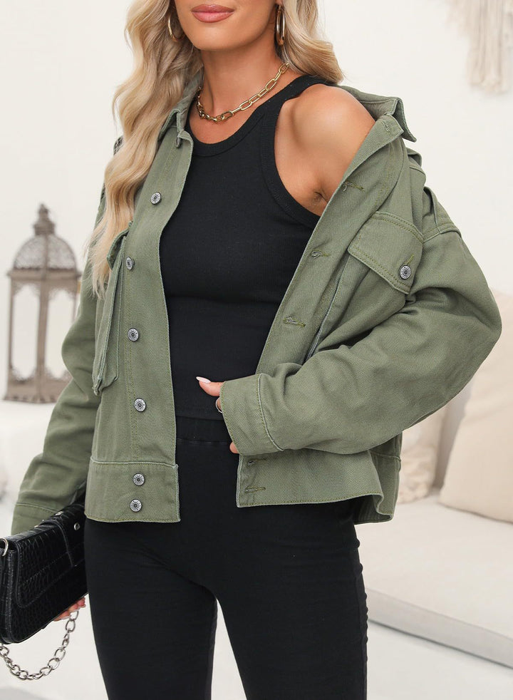 Women's oversized denim jacket with patch breast pockets and roll-up sleeves Mune Fashion