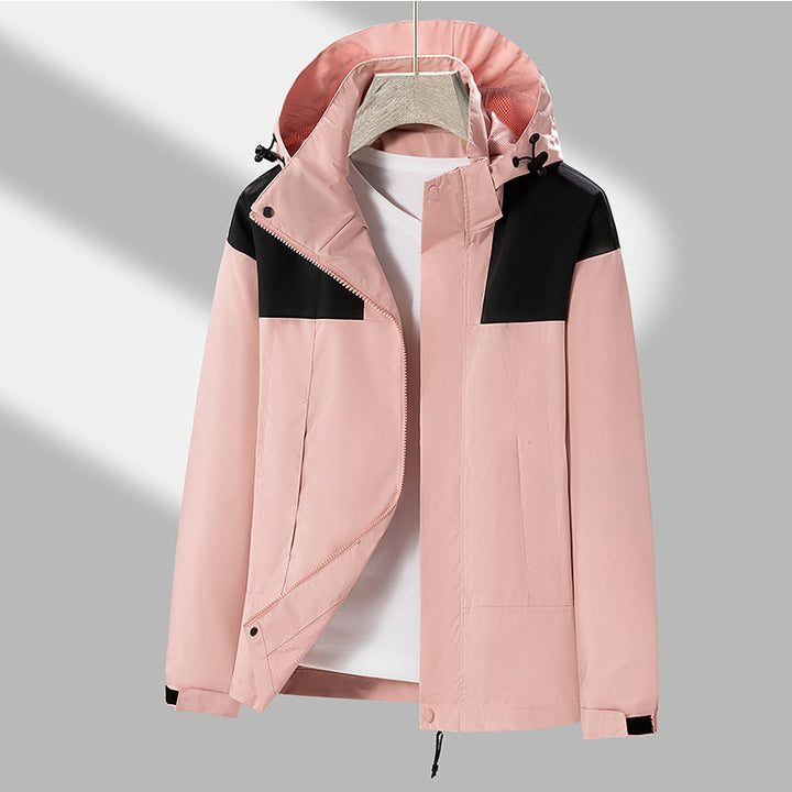 Men's lightweight softshell jacket with contrasting shoulder panel, adjustable hood, and Velcro cuffs Mune Fashion
