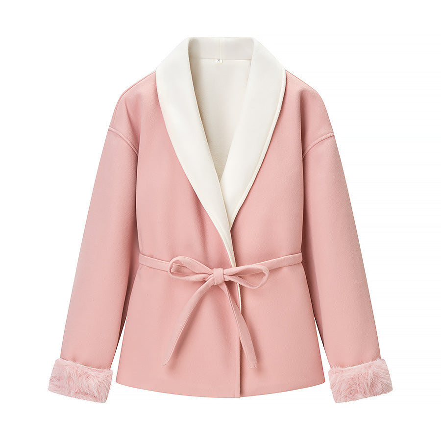 Women's short blazer coat with kimono shawl collar, waist belt, and faux fur cuffs Mune Fashion