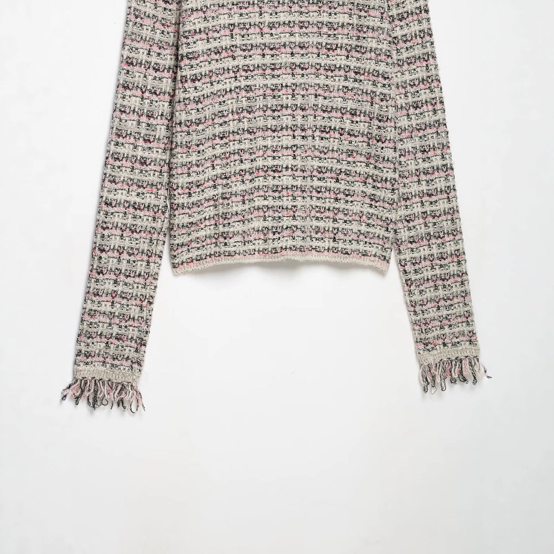 Women's tweed cardigan with round collar, continuous button placket and fringe trim Mune Fashion