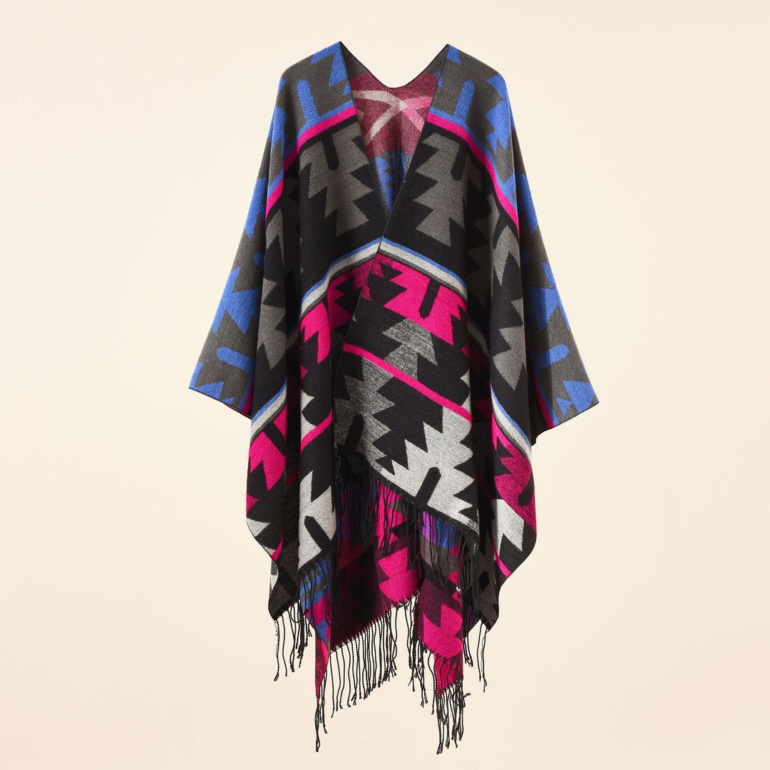 Women Oversize Ruana with V-neck, coarse jacquard pattern and long fringes Mune Fashion