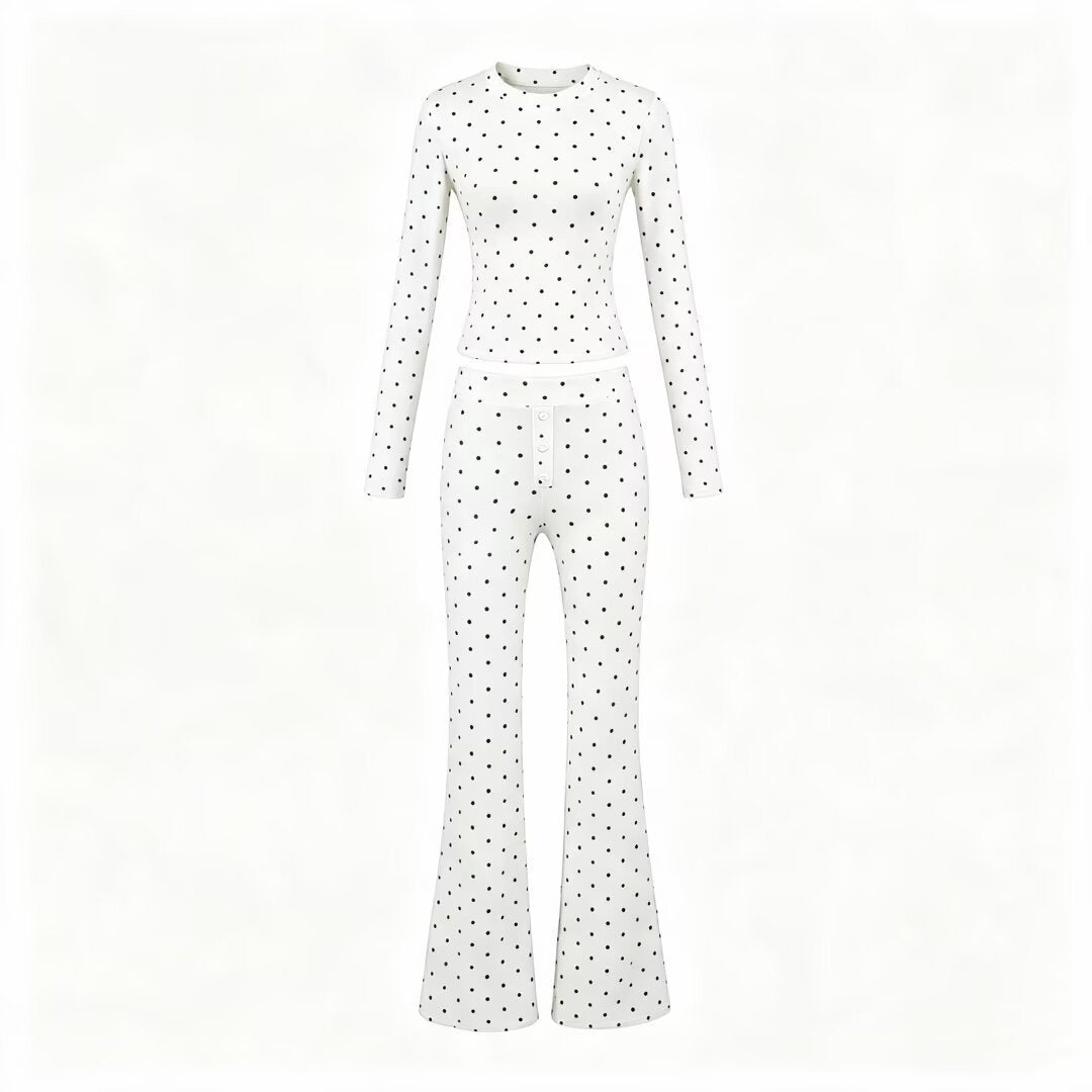 Women Two-Piece Stretch Jersey Lounge Set with Cropped Long Sleeve and High-Waist Flared Pants Mune Fashion