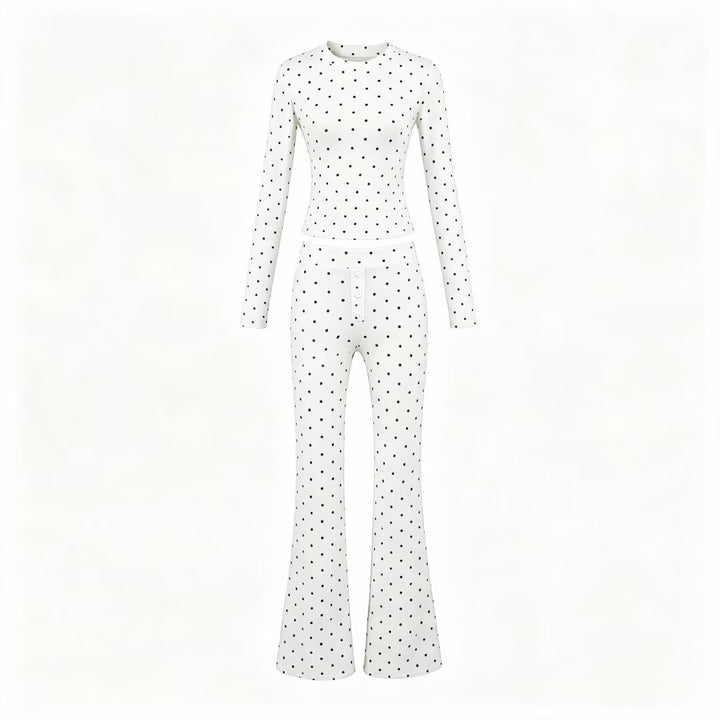 Women Two-Piece Stretch Jersey Lounge Set with Cropped Long Sleeve and High-Waist Flared Pants Mune Fashion