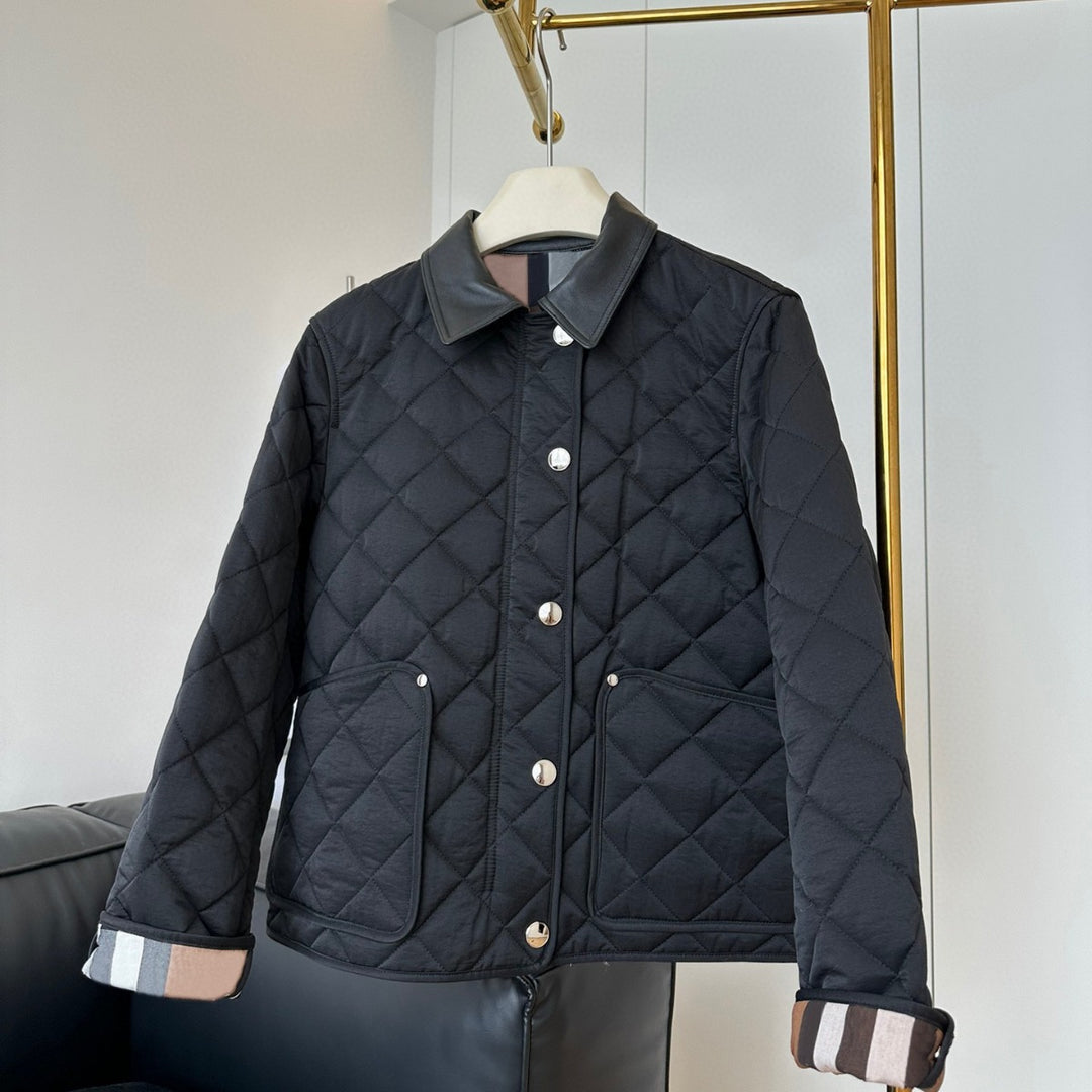 Ladies fashionable quilted jacket with elegant leather collar Mune Fashion