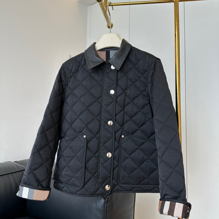 Ladies fashionable quilted jacket with elegant leather collar Mune Fashion