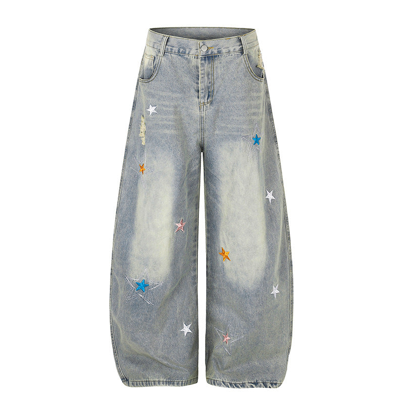 Women's Loose High-Waist Palazzo Jeans with Star Embroidery and Used Effect