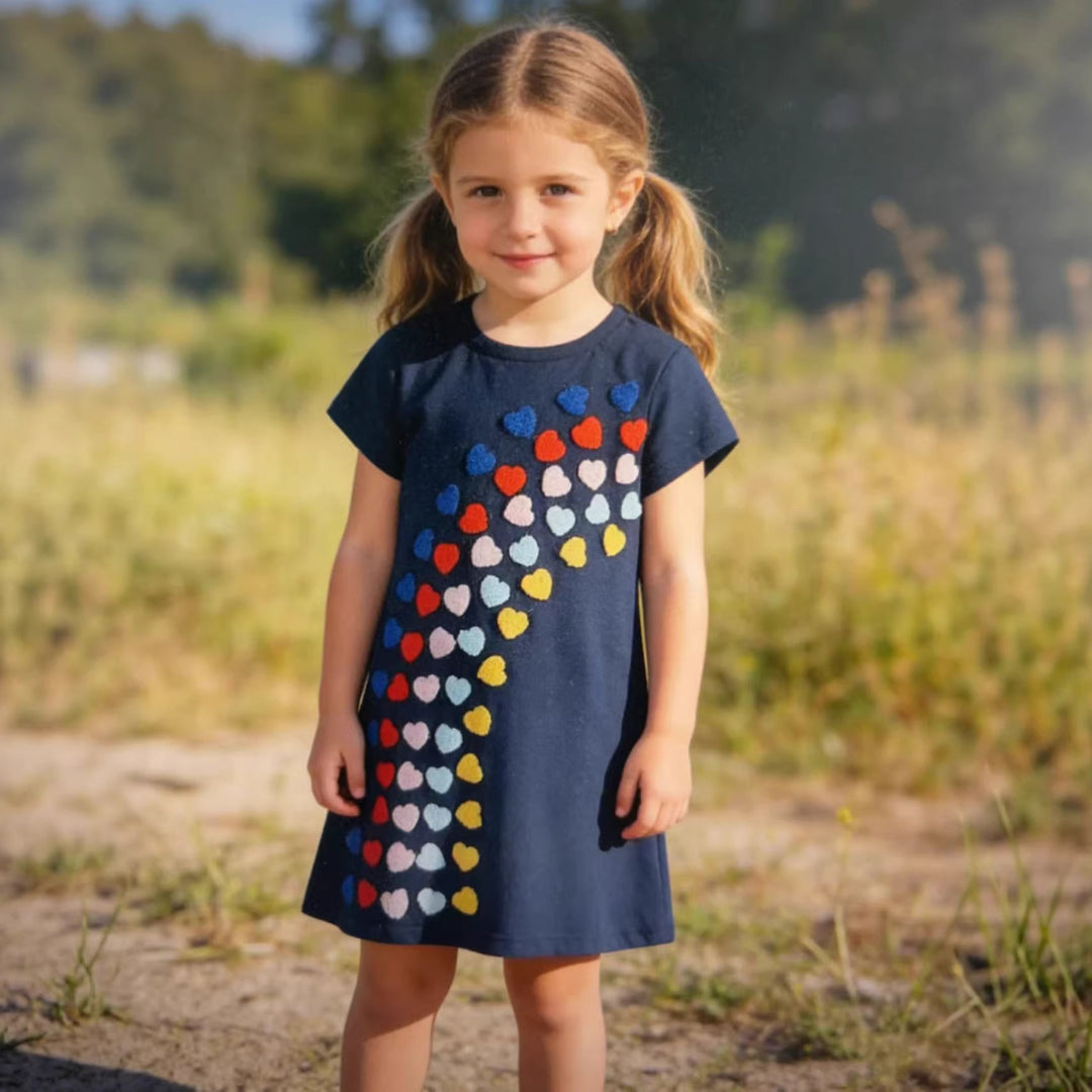 Girl T-Shirt Dress with Colorful Heart Embroidery Design Mune Fashion