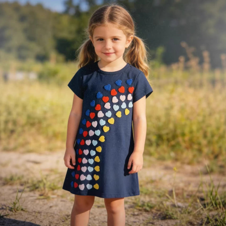 Girl T-Shirt Dress with Colorful Heart Embroidery Design Mune Fashion