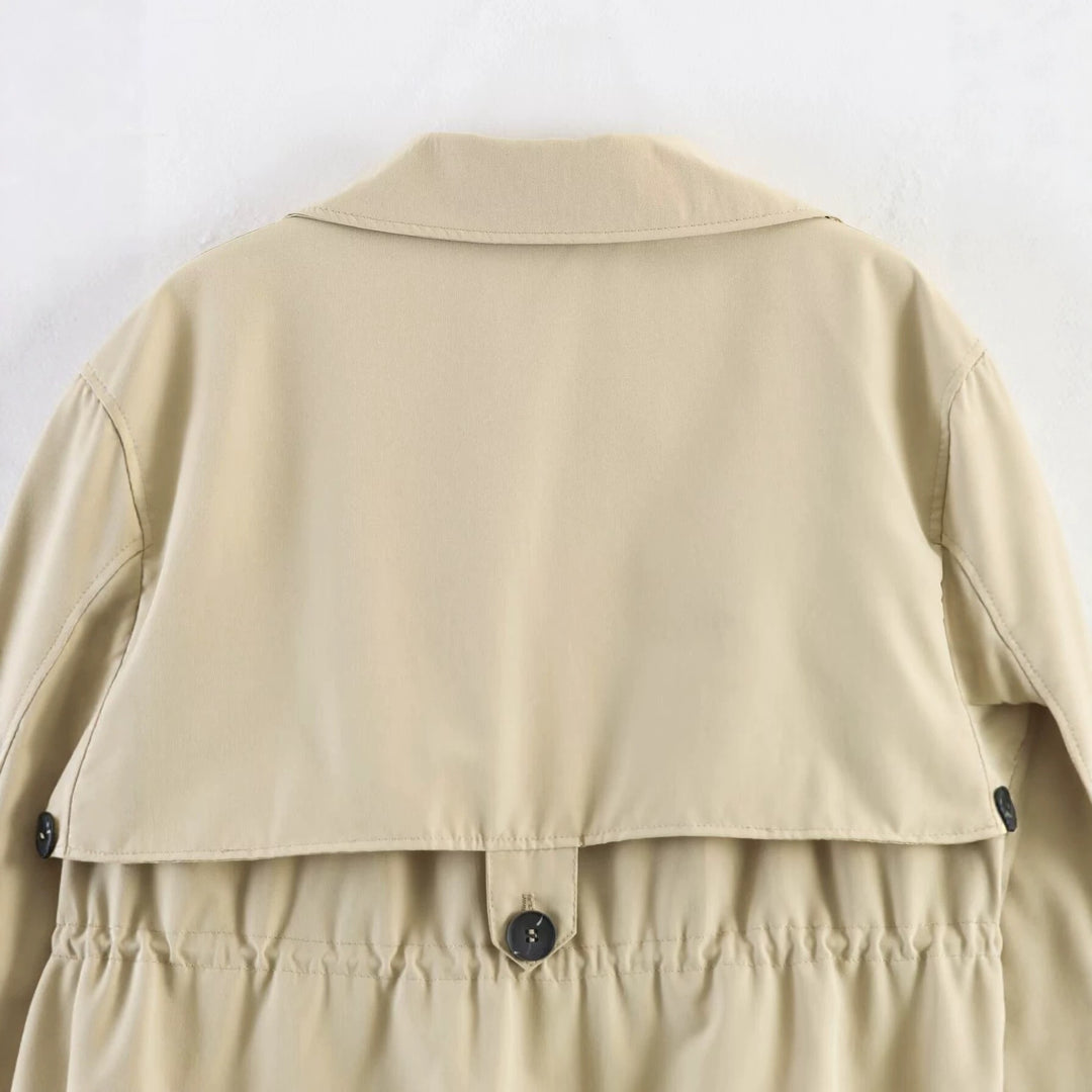 Women's short trench-style jacket with drawstring waist and check lining Mune Fashion