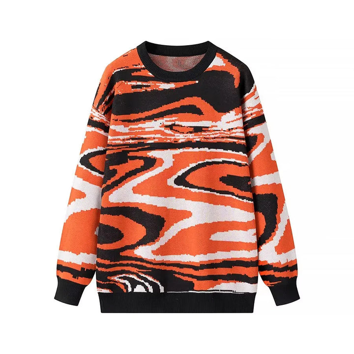 Unisex loosely cut knitted sweater with abstract wave pattern and round neckline Mune Fashion