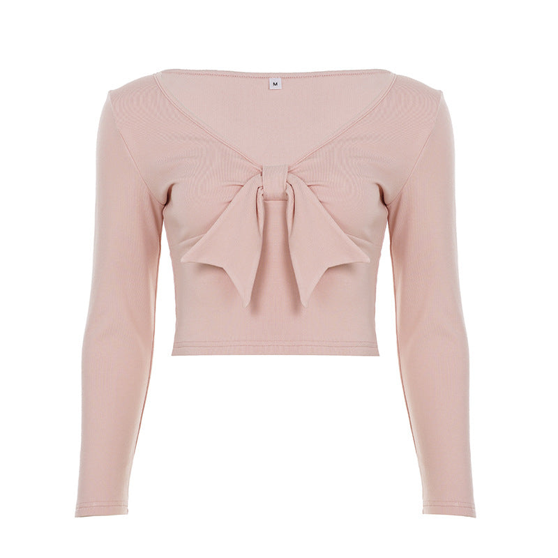 Ladies nan Cropped-Longsleeve with decorative bow front, V-neck and figure-hugging fit Mune Fashion