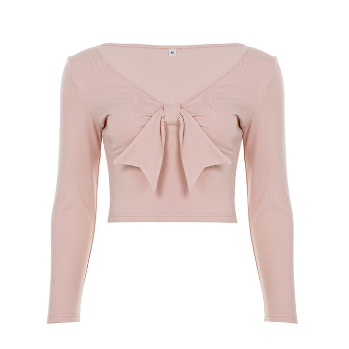 Ladies nan Cropped-Longsleeve with decorative bow front, V-neck and figure-hugging fit Mune Fashion