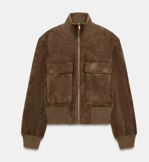Women's Short Cut Velour Leather Bomber Jacket with Flap Pockets and Stand-Up Collar Mune Fashion