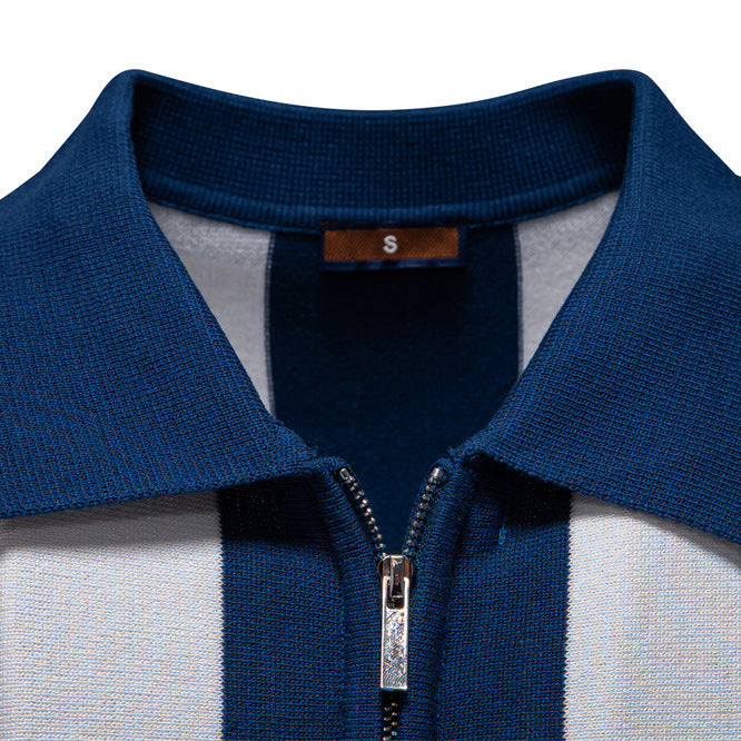 Men's short-sleeved fine knit half-zip polo with distinctive block stripes and Kent collar Mune Fashion