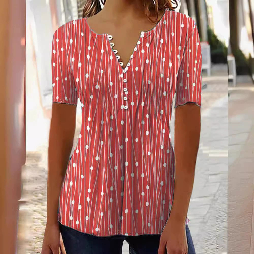 Women's lightweight tunic blouse with V-neck, decorative button placket, and empire gathering Mune Fashion