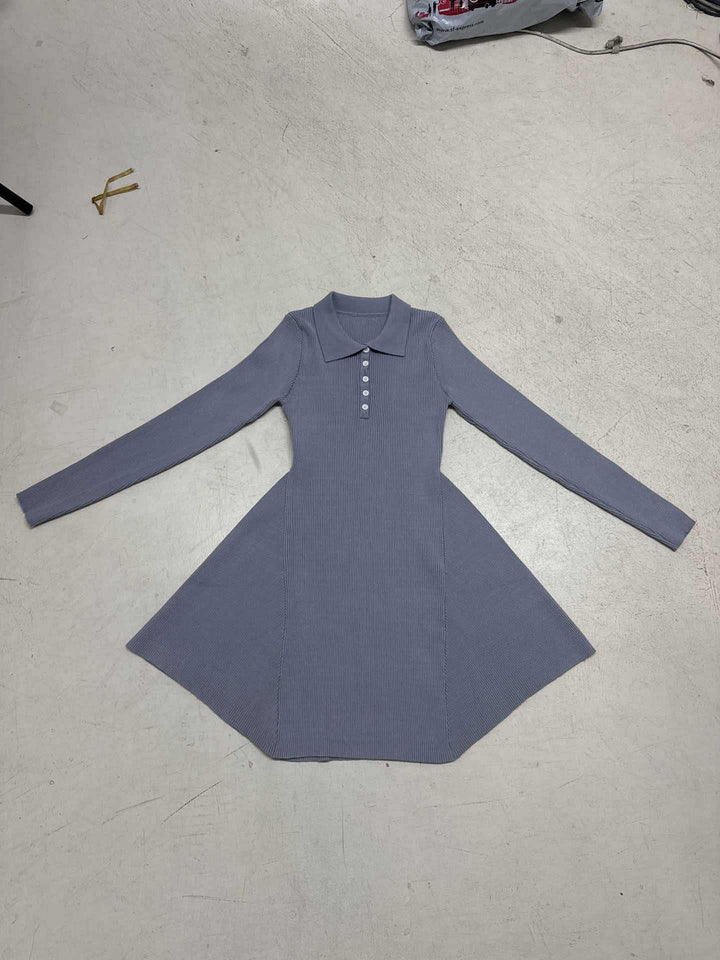 Ladies knitted polo dress with tailored bodice and flared ruffled skirt Mune Fashion