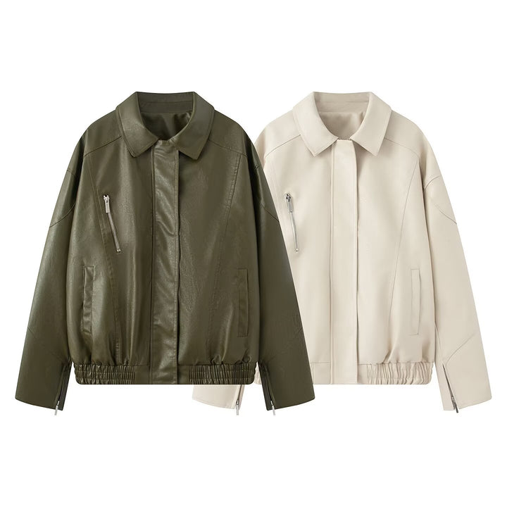 Women's Oversize Faux Leather Blouson with Elastic Hem, Slanted Zipper Chest Pocket and Zipper Sleeves Mune Fashion
