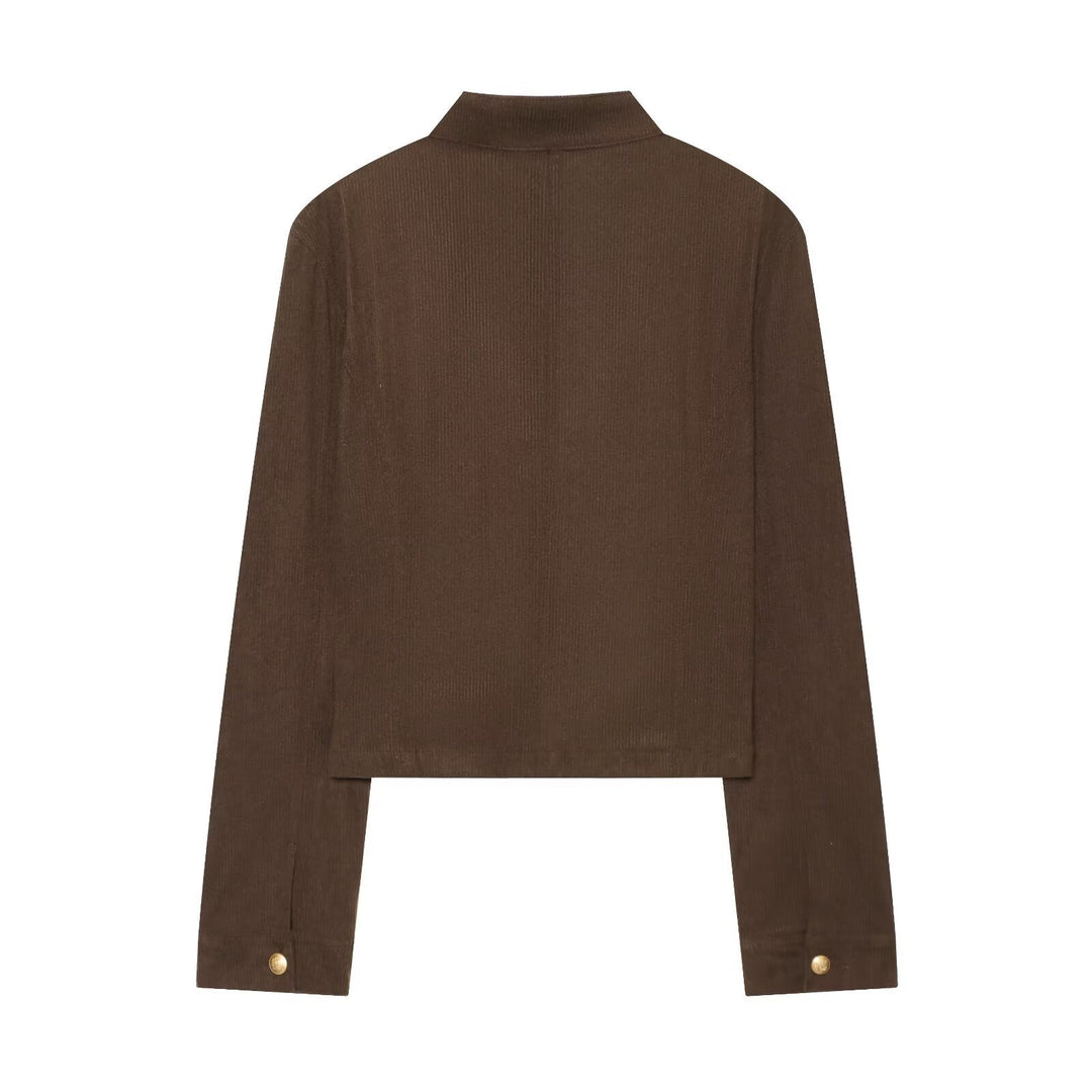 Women Short Military Jacket in Boxy Cut with Stand Collar and Decorative Buttons Drune