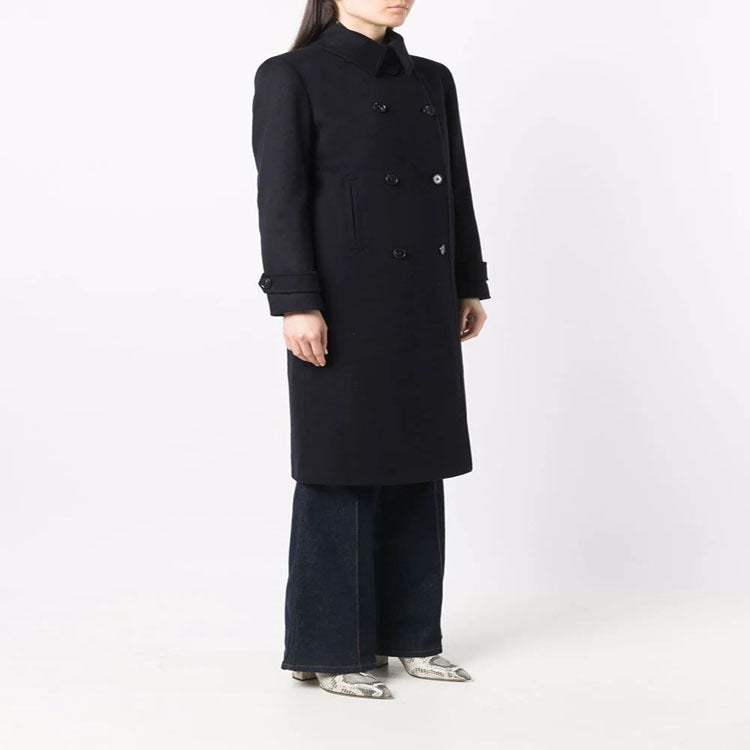 Women's Figure-Hugging Double-Breasted Wool Blend Long Coat with Draped Lapel Mune Fashion