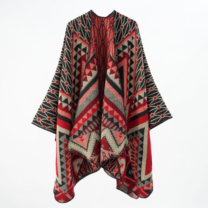 Women Structured Jacquard Poncho Overlay with Graphic Ethno Pattern and Open Kimono Fall Mune Fashion